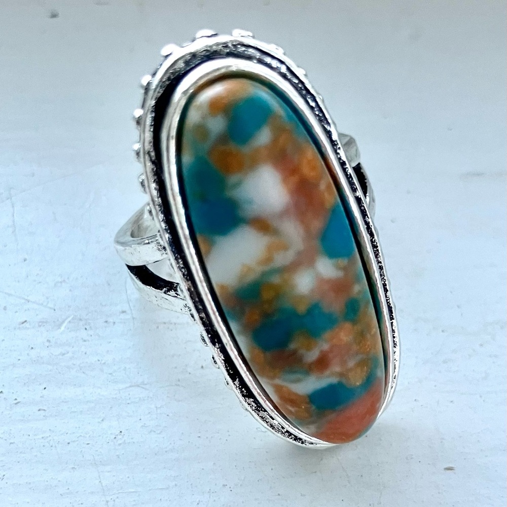 Turquoise ring 925 silver plated Natural Stone with White/ Coral long oval men 7